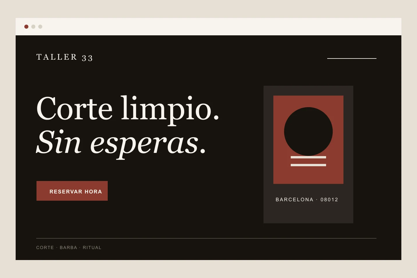 Concepto de página web oscura y editorial para la barbería ficticia Taller 33