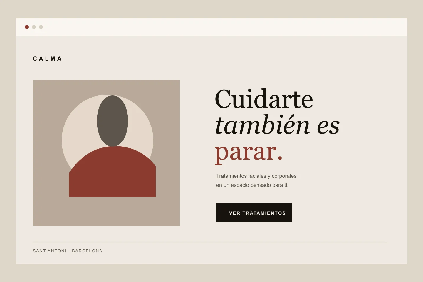 Concepto de página web en tonos naturales para el centro de estética ficticio Calma