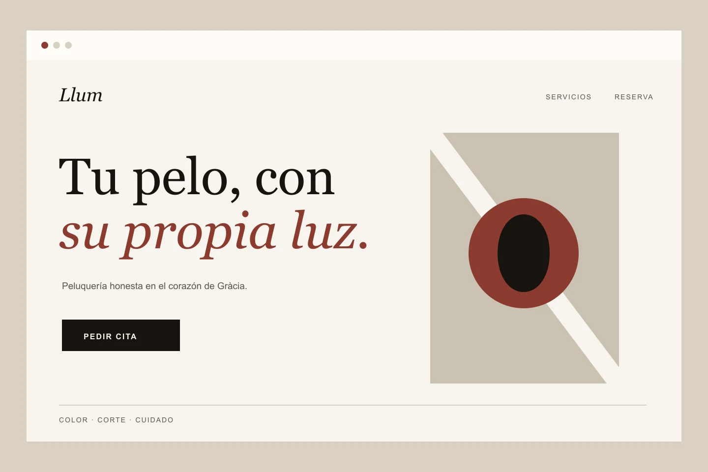 Concepto de página web clara para la peluquería ficticia Llum
